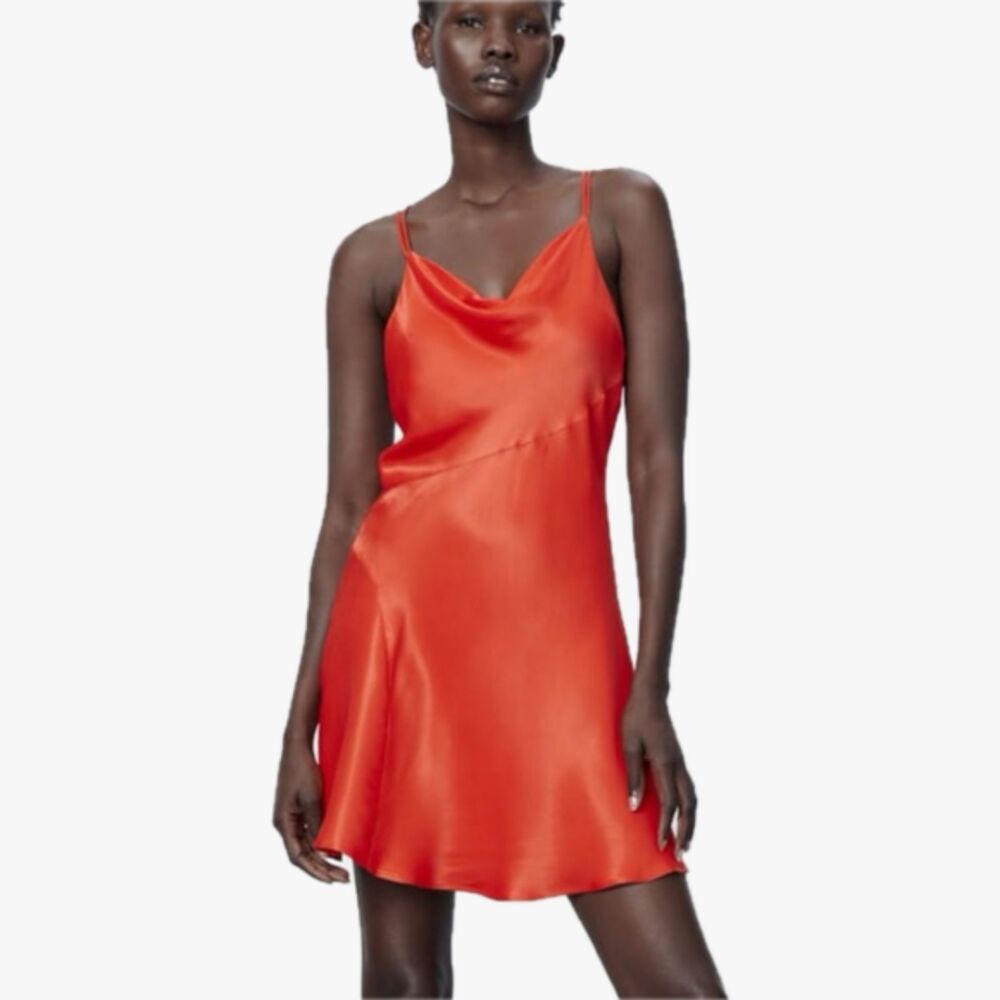 ZARA Coral Red Satin Cowl Neck Mini Dress Women's Small Slip Party Cocktail